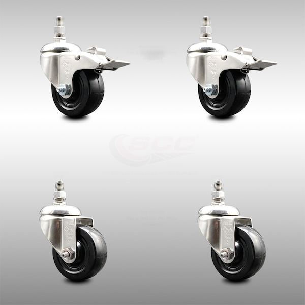 Service Caster 3 Inch 316SS Hard Rubber Swivel 12mm Threaded Stem Caster Lock Brake, 2PK SCC-SS316TSTTL20S314-HRS-M1215-2-S2 - main
